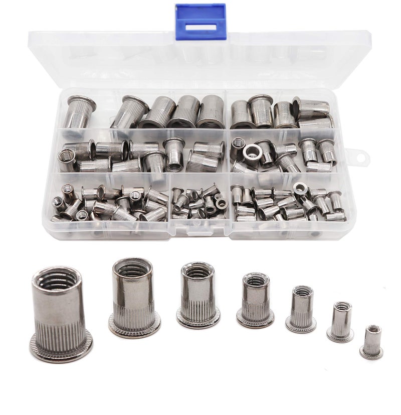 binifiMux 90pcs 304 Stainless Steel Flat Head Threaded Rivetnut Insert Nutsert Rivet Nut Assortment Kit, M3/ M4/ M5/ M6/ M8/ M10/ M12 - Image 1